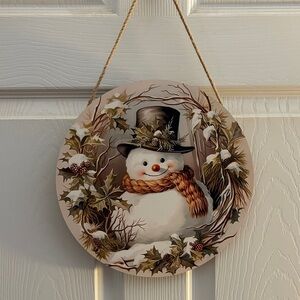 Charming Snowman Holiday Wall Art with Black Hat and Brown Scarf